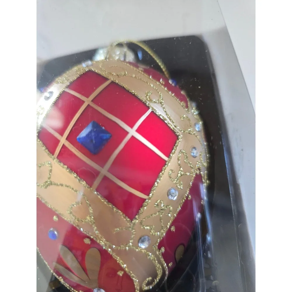 Kurt S Adler Red Gold Glass European Ornament Rhinestone Plaid GG0991 New